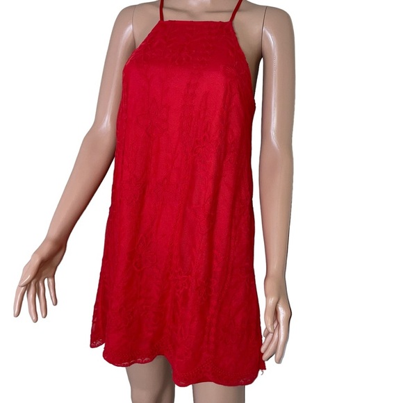Altar'd State mini dress halter top lace overlay red A-line lined tunic SZ SM - Picture 3 of 12